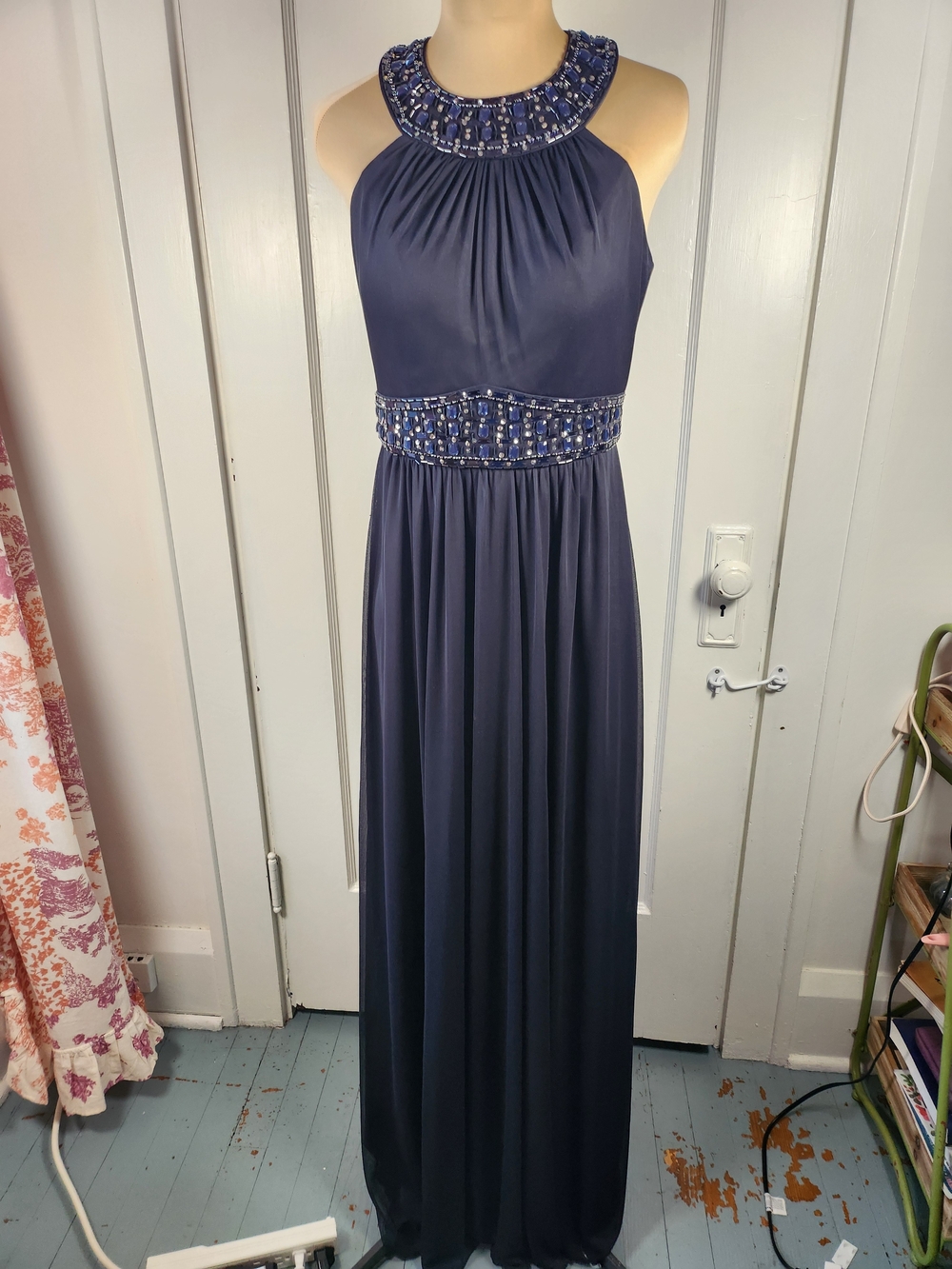 Jeweled Rhinestone Halter Maxi Dress in Deep Navy EXTRA LONG